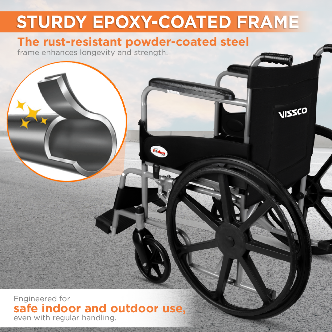 Vissco Rodeo Lite Wheelchair for Elderly, Patients & Adults | Foldable Lightweight Wheel Chair with Safety Belt, Flip-Up Footrest & Mag Wheels | 100kg Capacity | Epoxy Coated, Self-Propelled Mobility Aid