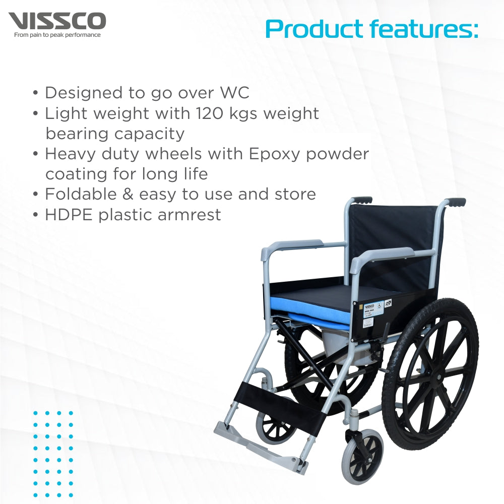 Vissco Rodeo Veer Comfort Wheelchair with Removable Commode | Foldable | Fixed Armrest | Weight Bearing Capacity 100kg