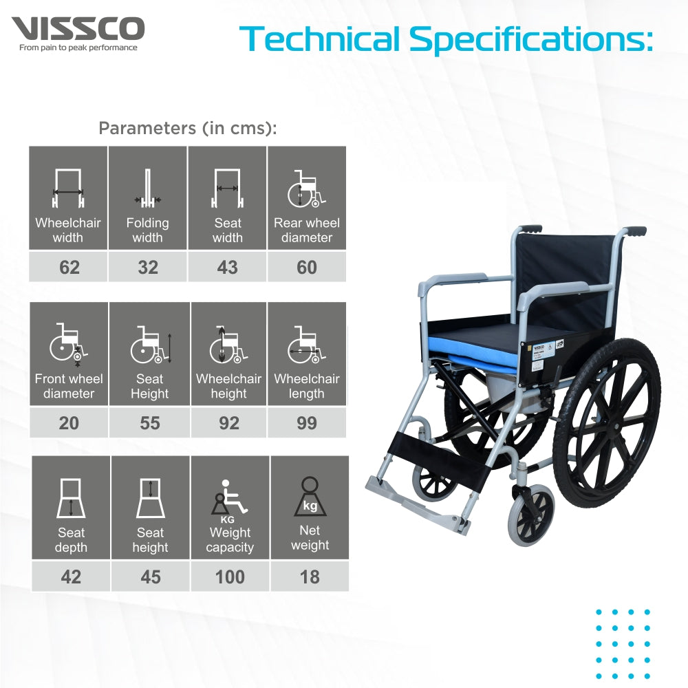 Vissco Rodeo Veer Comfort Wheelchair with Removable Commode | Foldable | Fixed Armrest | Weight Bearing Capacity 100kg
