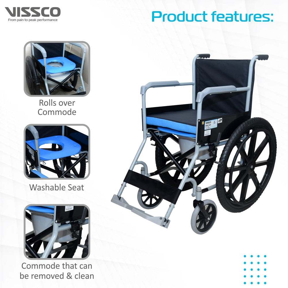 Vissco Rodeo Veer Comfort Wheelchair with Removable Commode | Foldable | Fixed Armrest | Weight Bearing Capacity 100kg
