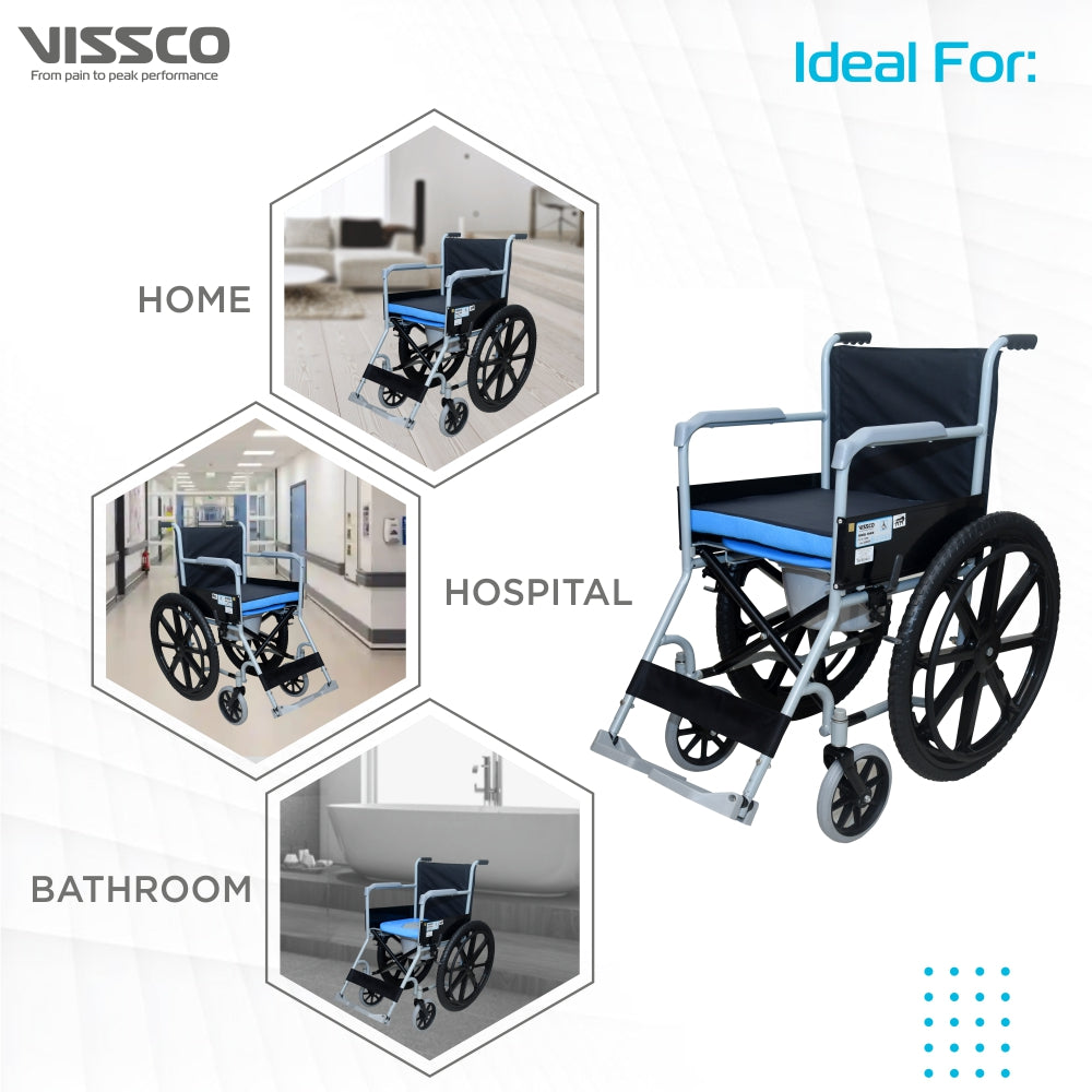 Vissco Rodeo Veer Comfort Wheelchair with Removable Commode | Foldable | Fixed Armrest | Weight Bearing Capacity 100kg