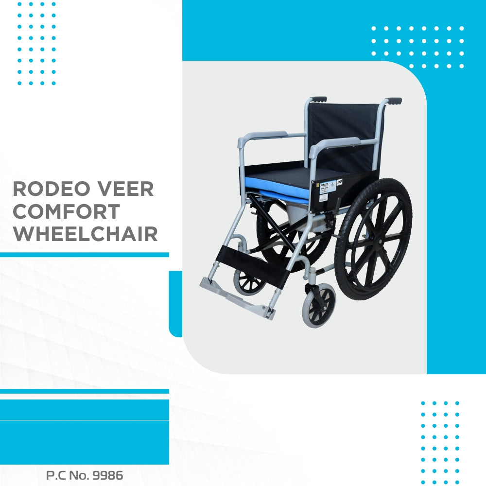 Vissco Rodeo Veer Comfort Wheelchair with Removable Commode | Foldable | Fixed Armrest | Weight Bearing Capacity 100kg