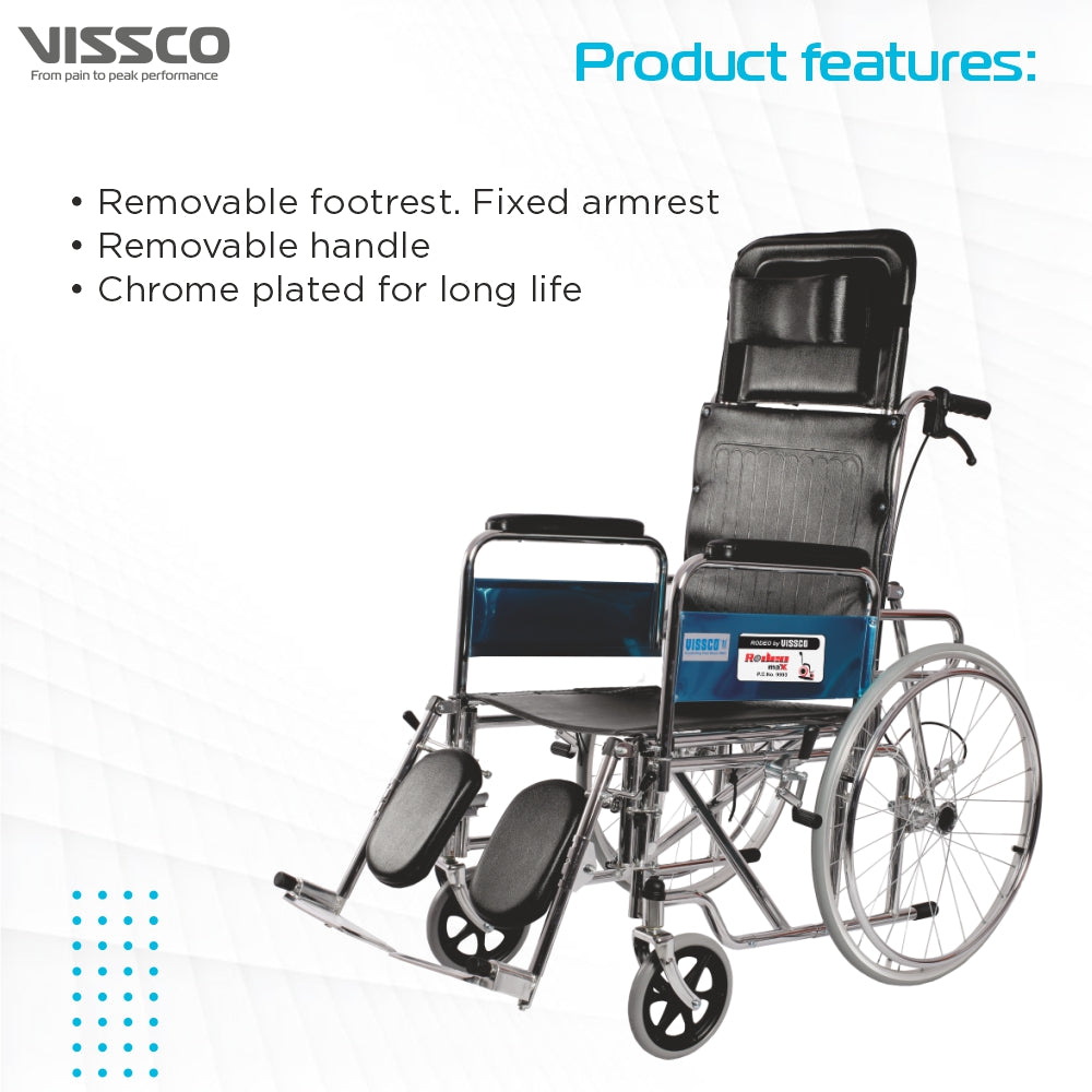 Vissco Rodeo Ext Reclining (Chrome Plated) Wheelchair with Spoke Wheel | Fixed Armrest | Weight Bearing Capacity 100kg | Color (Black)