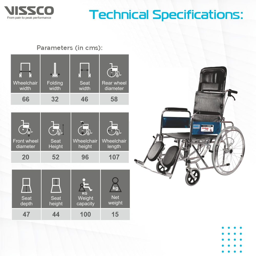 Vissco Rodeo Ext Reclining (Chrome Plated) Wheelchair with Spoke Wheel | Fixed Armrest | Weight Bearing Capacity 100kg | Color (Black)