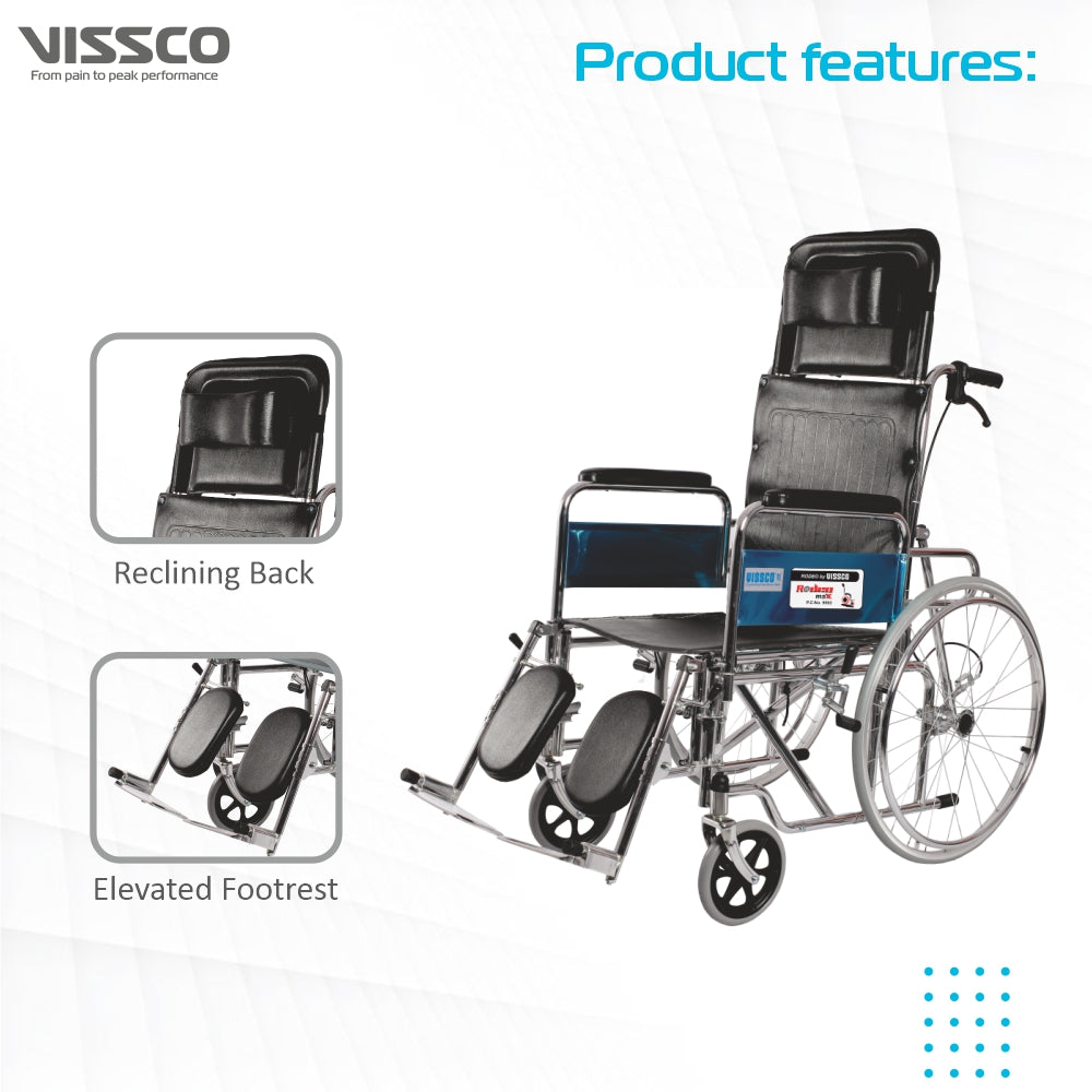 Vissco Rodeo Ext Reclining (Chrome Plated) Wheelchair with Spoke Wheel | Fixed Armrest | Weight Bearing Capacity 100kg | Color (Black)