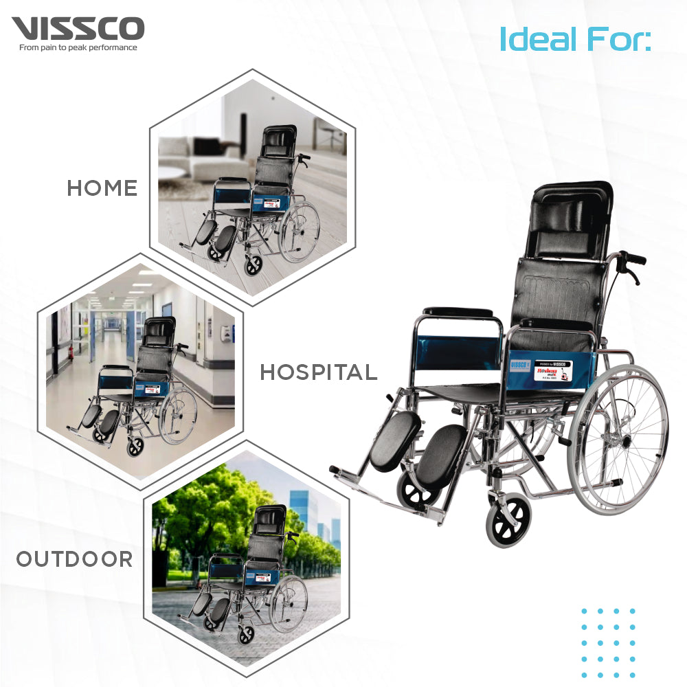 Vissco Rodeo Ext Reclining (Chrome Plated) Wheelchair with Spoke Wheel | Fixed Armrest | Weight Bearing Capacity 100kg | Color (Black)