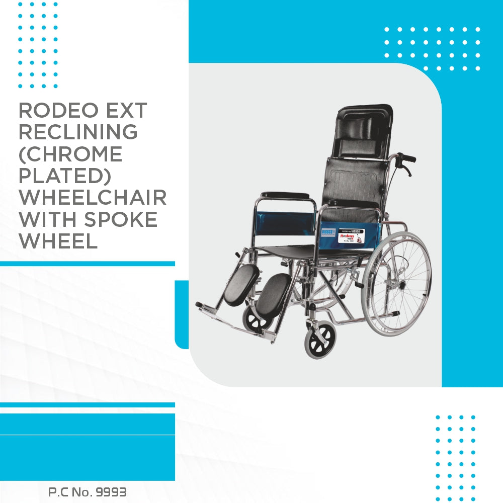 Vissco Rodeo Ext Reclining (Chrome Plated) Wheelchair with Spoke Wheel | Fixed Armrest | Weight Bearing Capacity 100kg | Color (Black)