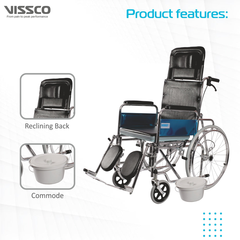 Vissco Rodeo Ext Reclining Commode Wheelchair with Spoke Wheel | Removable Armrest | Weight Bearing Capacity 100kg (Black)