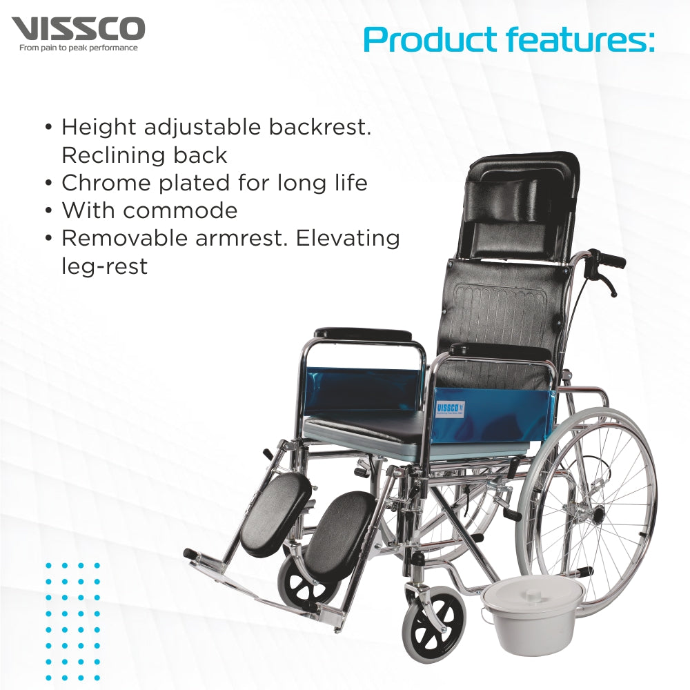 Vissco Rodeo Ext Reclining Commode Wheelchair with Spoke Wheel | Removable Armrest | Weight Bearing Capacity 100kg (Black)