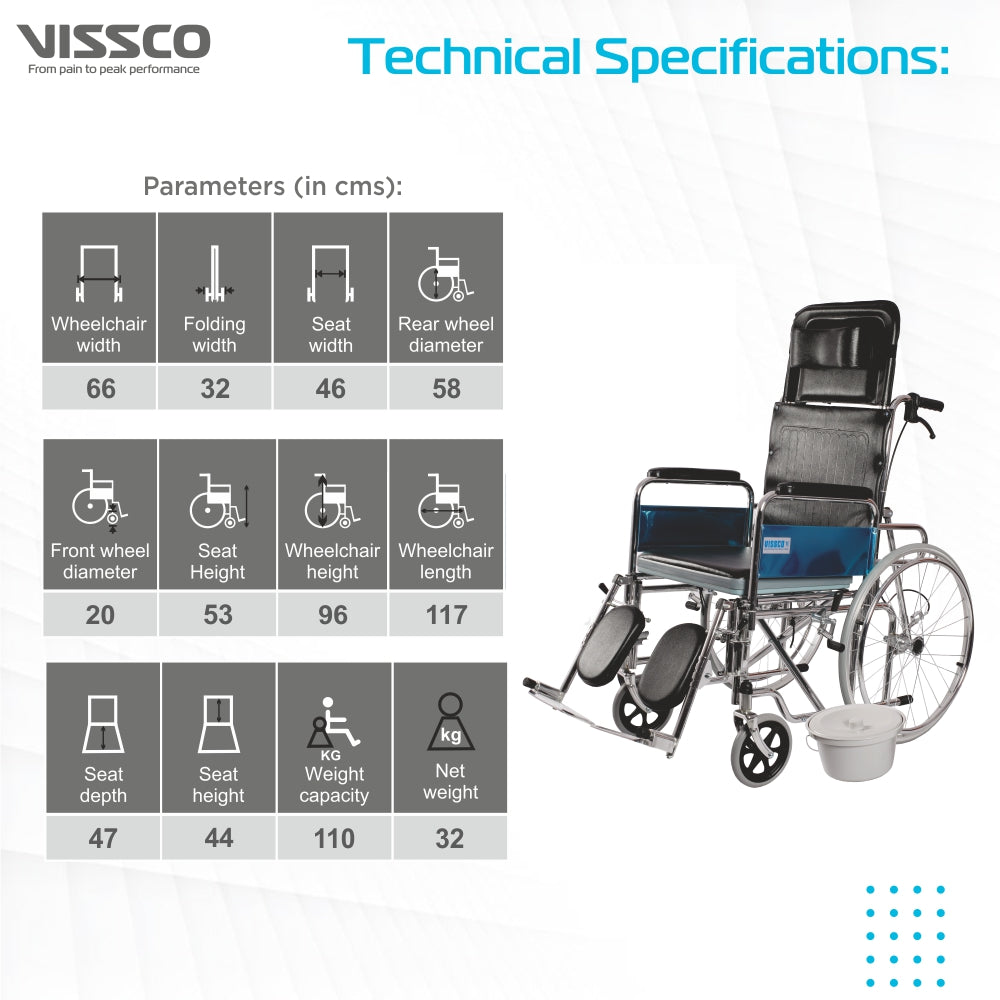 Vissco Rodeo Ext Reclining Commode Wheelchair with Spoke Wheel | Removable Armrest | Weight Bearing Capacity 100kg (Black)