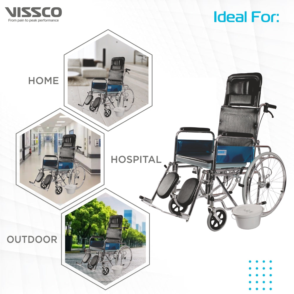 Vissco Rodeo Ext Reclining Commode Wheelchair with Spoke Wheel | Removable Armrest | Weight Bearing Capacity 100kg (Black)