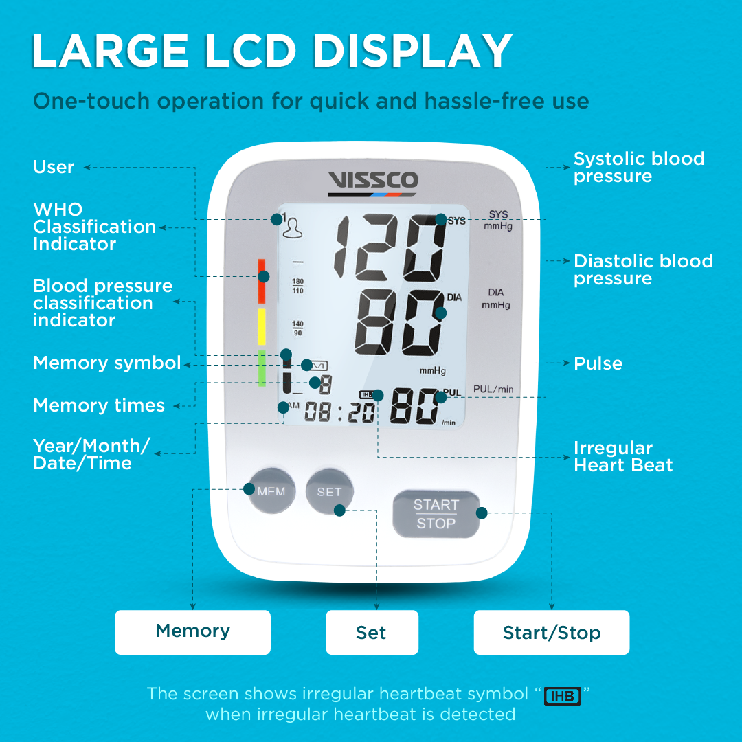 Vissco Fully Automatic Digital Blood Pressure Monitor | Large LCD Display, Irregular Heartbeat Detection, Memory Function, Adjustable Arm Cuff | Micro USB & Battery Powered, 2-Year Warranty