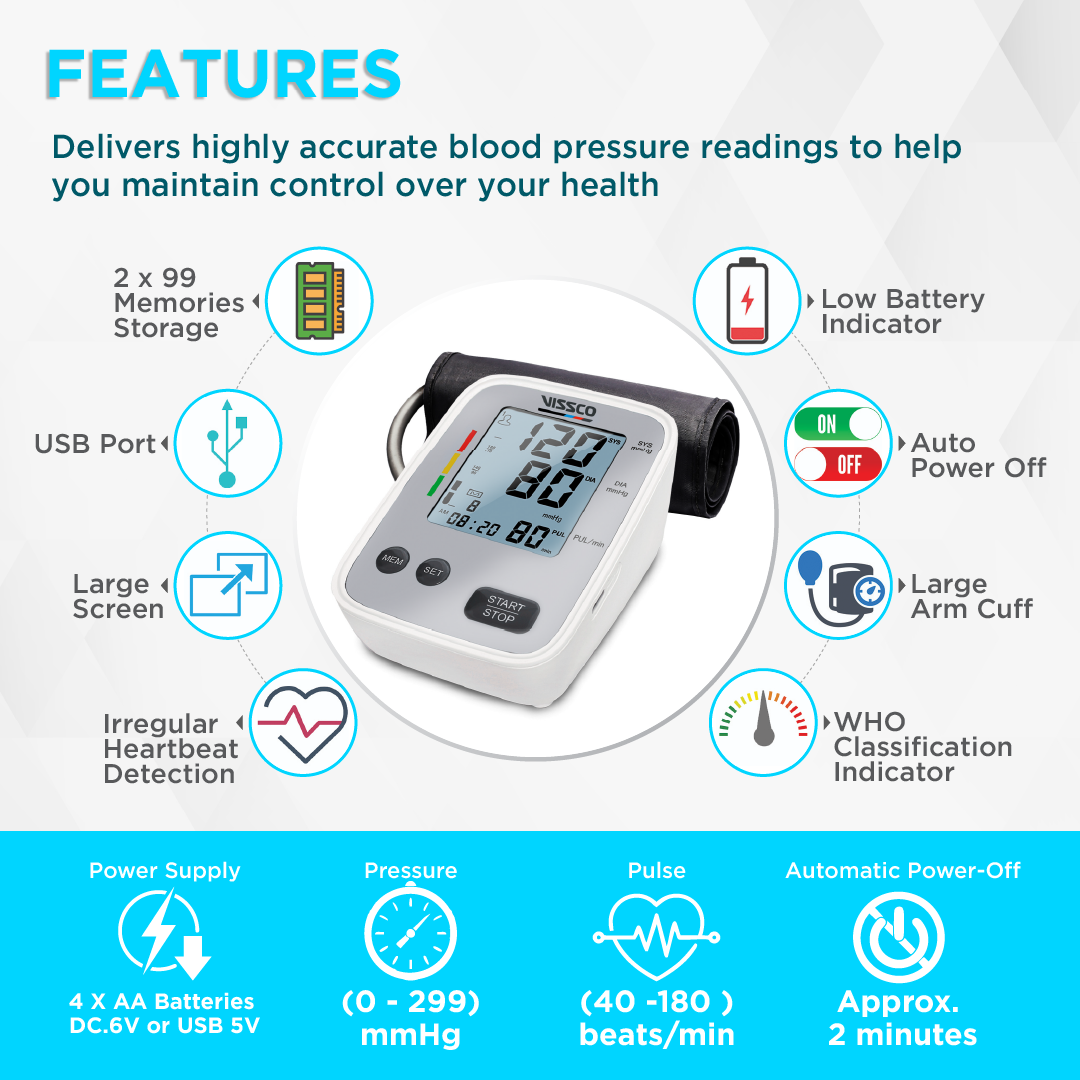 Vissco Fully Automatic Digital Blood Pressure Monitor | Large LCD Display, Irregular Heartbeat Detection, Memory Function, Adjustable Arm Cuff | Micro USB & Battery Powered, 2-Year Warranty