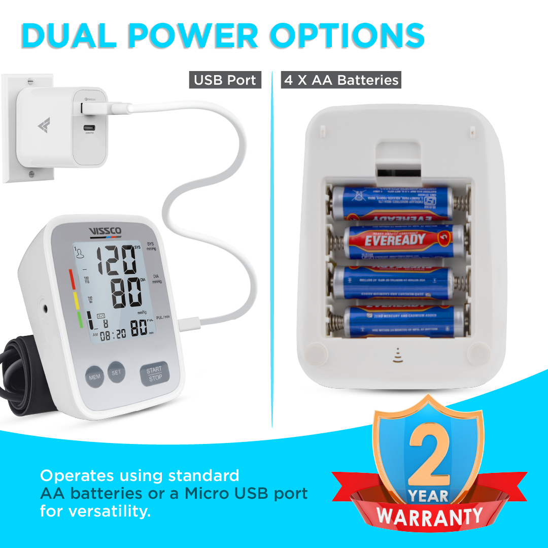 Vissco Fully Automatic Digital Blood Pressure Monitor | Large LCD Display, Irregular Heartbeat Detection, Memory Function, Adjustable Arm Cuff | Micro USB & Battery Powered, 2-Year Warranty