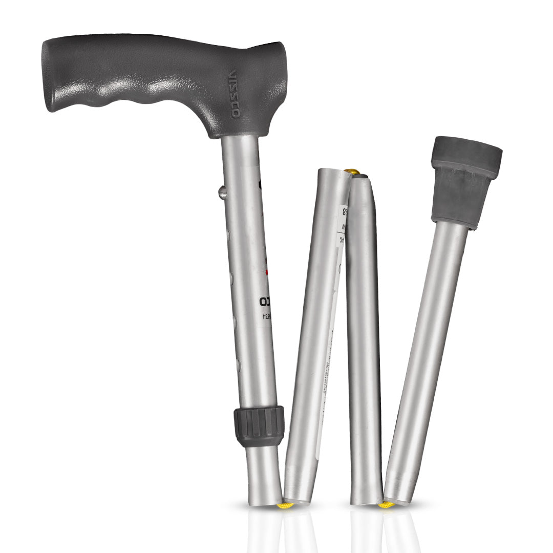 Vissco Avanti Folding L Shape Aluminum Stick | Foldable | Lightweight Walking Stick | Adjustable Height | Premium Grade Rubber Shoes (Grey)