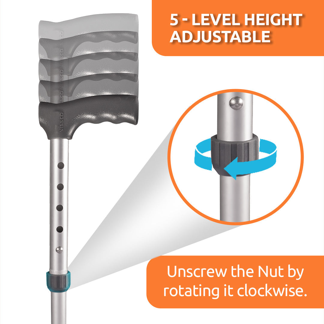 Vissco Avanti Folding L Shape Aluminum Stick | Foldable | Lightweight Walking Stick | Adjustable Height | Premium Grade Rubber Shoes (Grey)