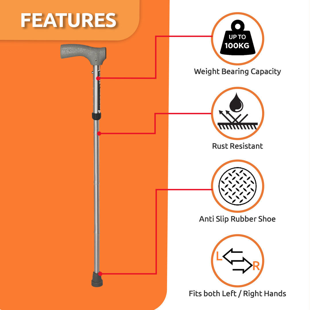 Vissco Avanti Folding L Shape Aluminum Stick | Foldable | Lightweight Walking Stick | Adjustable Height | Premium Grade Rubber Shoes (Grey)
