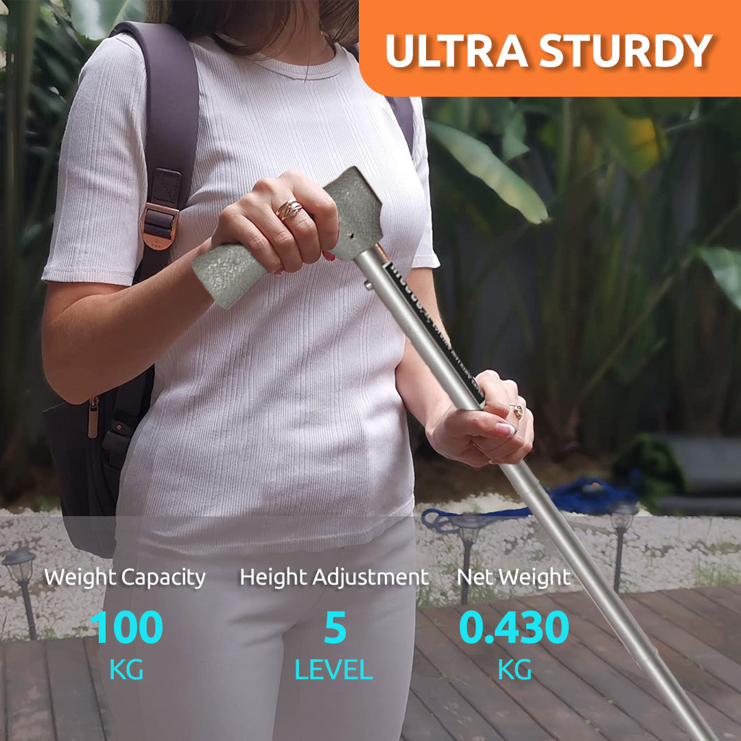 Vissco Avanti Folding L Shape Aluminum Stick | Foldable | Lightweight Walking Stick | Adjustable Height | Premium Grade Rubber Shoes (Grey)